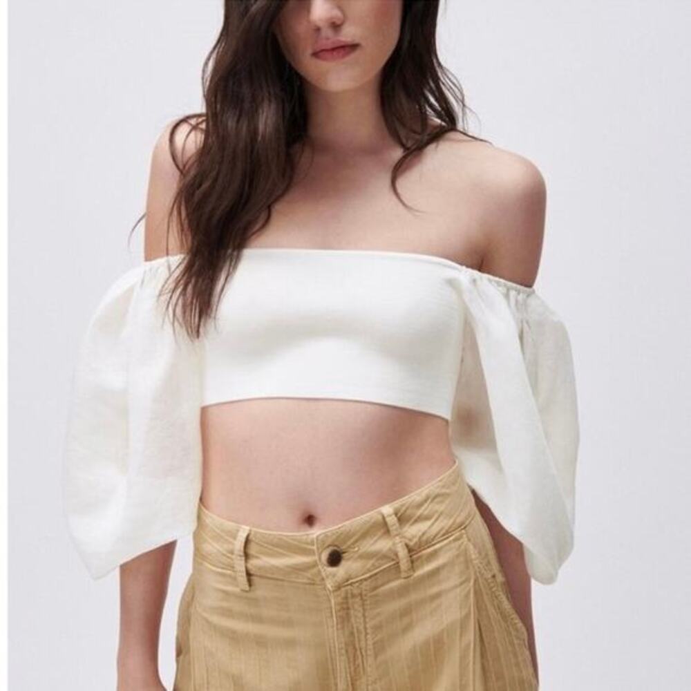 Zara Puff Organza Knit Top White Size Medium Bloggers‎ Favorite Feminine